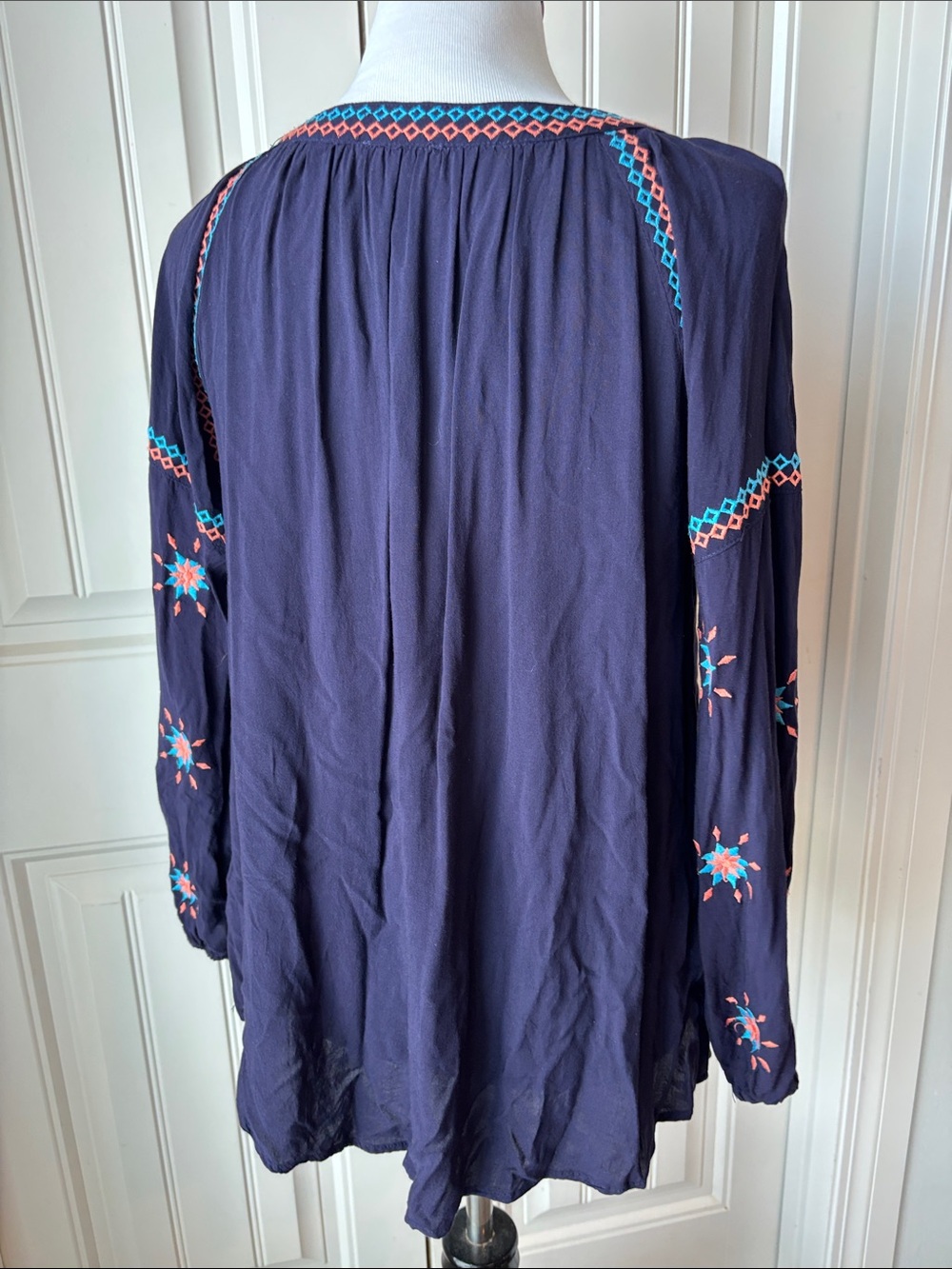 Umgee Navy Boho Embroidered Tassel Peasant Top - Coral & Turquoise Accents - Picture 4 of 6